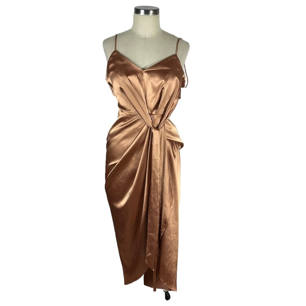 AFTER SIX 6828 Toffee Stretch Charmeuse Draped Midi Dress Size 0R NWT Bridesmaid